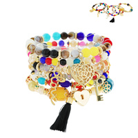 HEART LOCK AND KEY 6-PIECE BEADED MULTI CHARM STRETCH BRACELET SET