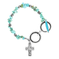CROSS WESTERN STYLE CHARM PEBBLE TURQUOISE  BEAD TOGGLE BRACELET