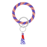 PATRIOTIC USA AMERICAN FLAG SEED BEAD KEYCHAIN WITH WRISTLET & KEYRING