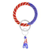PATRIOTIC USA AMERICAN FLAG SEED BEAD KEYCHAIN WITH WRISTLET & KEYRING