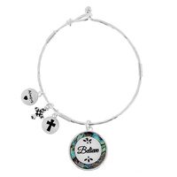 RELIGIOUS "BELIEVE" ABALONE SHELL PENDANT WIRE BANGLE BRACELET