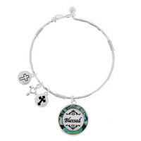 RELIGIOUS "BLESSED" ABALONE SHELL PENDANT WIRE BANGLE BRACELET