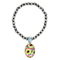 WESTERN SUNFLOWER SERAPE OVAL CHARM NAVAJO PEARL STRETCH BRACELET