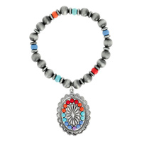 WESTERN CONCHO WITH SYNTHETIC TURQUOISE STONE NAVAJO PEARL STRETCH BRACELET
