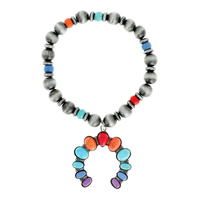 WESTERN SQUASH BLOSSOM WITH SYNTHETIC TURQUOISE STONE NAVAJO PEARL STRETCH BRACELET