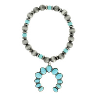 WESTERN SQUASH BLOSSOM WITH SYNTHETIC TURQUOISE STONE NAVAJO PEARL STRETCH BRACELET
