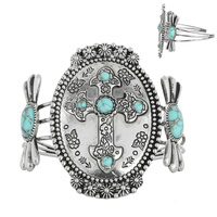 WESTERN STYL CROSS WITH TURQUOISE STONE CUFF BRACELET