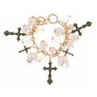 ANTIQUE CROSS MULTI CHARM PEARL TOGGLE BRACELET