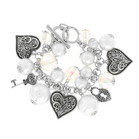 ANTIQUE HEART, LOCK AND KEY, MULTI CHARM PEARL TOGGLE BRACELET