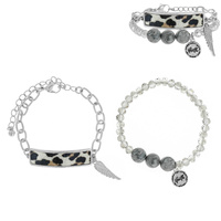 RELIGIOUS FAITH / WING CHARM LEOPARD CHEETAH PRINT BAR CHAIN AND BEAD STRETCH BRACELET SET