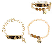 RELIGIOUS BELIIEVE / CROSS CHARM LEOPARD CHEETAH PRINT BAR CHAIN AND BEAD STRETCH BRACELET SET