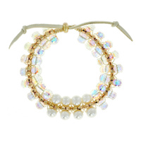 PEARL AND CRYSTAL BEAD FRIENDSHIP ADJUSTABLE LEATHER BRACELET