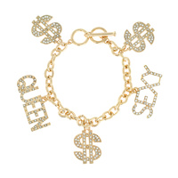 CRYSTAL RHINESTONE DOLLAR SIGN MONEY SEXY GUEEN MULTI CHARM CHAIN TOGGLE BRACELET