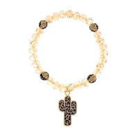 WESTERN LEOPARD CHEETAH CACTUS CHARM RHINESTONE BALL AND BEAD STRETCH BRACELET