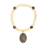 WESTERN LEOPARD CHEETAH OVAL CHARM RHINESTONE BALL AND BEAD STRETCH BRACELET