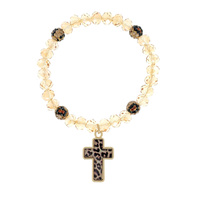 WESTERN LEOPARD CHEETAH CROSS CHARM RHINESTONE BALL AND BEAD STRETCH BRACELET