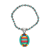 OVAL - WESTERN THEMED NAVAJO PEARL MULTI-BEAD SERAPE PRINT CHARM STRETCH BRACELET