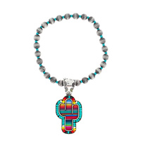 CACTUS - WESTERN THEMED NAVAJO PEARL MULTI-BEAD SERAPE PRINT CHARM STRETCH BRACELET