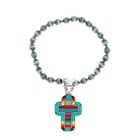CROSS - WESTERN THEMED NAVAJO PEARL MULTI-BEAD SERAPE PRINT CHARM STRETCH BRACELET