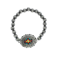 BEADED NAVAJO PEARL SEED BEAD CONCHO STRETCH BRACELET