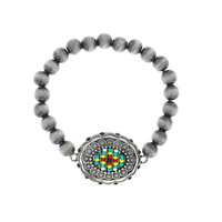 BEADED NAVAJO PEARL SEED BEAD CONCHO STRETCH BRACELET