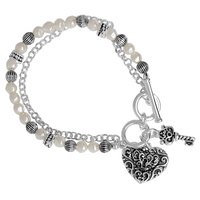 MULTI BEAD PEARL 2 ROW TOGGLE HEART KEY CHARM BRACELET