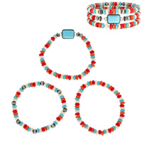 WESTERN NAVAJO PEARL 3-PIECE SET MULTICOLOR BEAD MIX BRACELET WITH CENTER STONE - TURQUOISE BOHO NATIVE AMERICAN STACKABLE