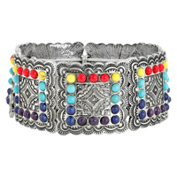 WESTERN CONCHO MULTICOLOR  STONE MIX METAL BRACELET IN SILVER TONE