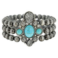WESTERN 3 ROW NAVAJO BEAD STRETCH BRACELET WITH FAUX DRUZY AND STONE CENTER