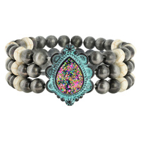 WESTERN 3 ROW NAVAJO BEAD STRETCH BRACELET WITH FAUX DRUZY CENTER