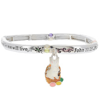 RELIGIOUS BIBLE VERSE EASTER JOHN 11:25 RESURRECTION STRETCH BRACELET WITH BUNNY RABBIT CHARM
