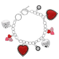 MULTICOLOR SILVER TONE VALENTINE'S DAY TOGGLE BRACELET WITH ENAMEL CHARM HEARTS AND RHINESTONES
