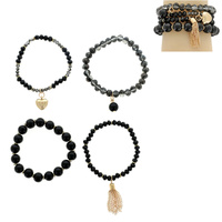 SET OF 4 FOUR BOHO MULTICOLOR BEAD MIX STRETCH BRACELETS WITH HEART TASSEL BEAD CHARMS