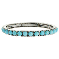 WESTERN STYLE STONE INLAY BEADED  STRETCH BANGLE IN SILVER TONE METAL