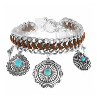 CONCHO - WESTERN THEMED WOVEN LINK SUEDE CHARM TOGGLE BRACELET WITH SEMI PRECIOUS TURQUOISE STONE