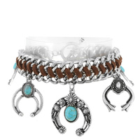 SQUASH BLOSSOM - WESTERN THEMED WOVEN LINK SUEDE CHARM TOGGLE BRACELET WITH SEMI PRECIOUS TURQUOISE STONE