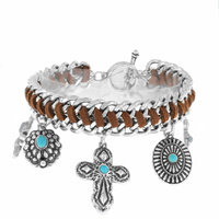 CROSS - WESTERN THEMED WOVEN LINK SUEDE CHARM TOGGLE BRACELET WITH SEMI PRECIOUS TURQUOISE STONE