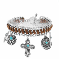 CROSS - WESTERN THEMED WOVEN LINK SUEDE CHARM TOGGLE BRACELET WITH SEMI PRECIOUS TURQUOISE STONE