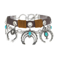 SQUASH BLOSSOM- WESTERN THEMED MULTI STRAND CHAIN & LEATHER CHARM TOGGLE BRACELET WITH SEMI PRECIOUS TURQUOISE STONE