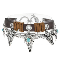 STEER - WESTERN THEMED MULTI STRAND CHAIN & LEATHER CHARM TOGGLE BRACELET WITH SEMI PRECIOUS TURQUOISE STONE