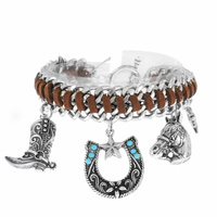 HORSE SHOE - WESTERN THEMED WOVEN LINK SUEDE CHARM TOGGLE BRACELET WITH SEMI PRECIOUS TURQUOISE STONE