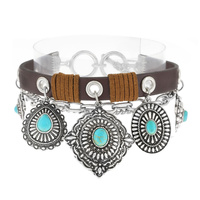 CONCHO- WESTERN THEMED MULTI STRAND CHAIN & LEATHER CHARM TOGGLE BRACELET WITH SEMI PRECIOUS TURQUOISE STONE