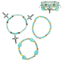 3-PIECE MULTI-BEAD  CROSS CHARM STACKABLE STRETCH BRACELETS- SOUTHWESTERN JEWELRY