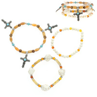3-PIECE MULTI-BEAD  CROSS CHARM STACKABLE STRETCH BRACELETS- SOUTHWESTERN JEWELRY