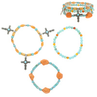 3-PIECE MULTI-BEAD  CROSS CHARM STACKABLE STRETCH BRACELETS- SOUTHWESTERN JEWELRY