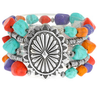 STARBURST CONCHO MULTISTRANDED SEMI-STONE BEADED STRETCH BRACELET- SOUTHWESTERN JEWELRY