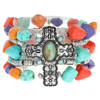 STAMPED METAL TURQUOISE CROSS MULTISTRANDED SEMI-STONE BEADED STRETCH BRACELET- SOUTHWESTERN JEWELRY