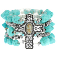 STAMPED METAL TURQUOISE CROSS MULTISTRANDED SEMI-STONE BEADED STRETCH BRACELET- SOUTHWESTERN JEWELRY