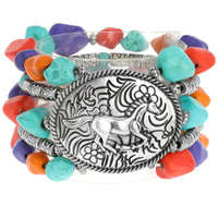OVAL BUCKLE STYLE, RUNNING HORSE STAMPED METAL DESIGN MULTISTRANDED SEMI-STONE BEADED STRETCH BRACELET- SOUTHWESTERN JEWELRY
