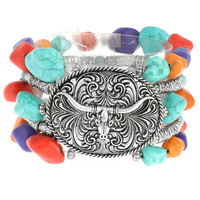 OVAL BUCKLE STYLE, FILIGREE STEER STAMPED METAL DESIGN MULTISTRANDED SEMI-STONE BEADED STRETCH BRACELET- SOUTHWESTERN JEWELRY